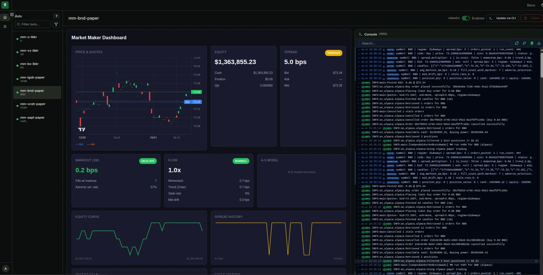 The current app surface showing a bot dashboard and live console logs.